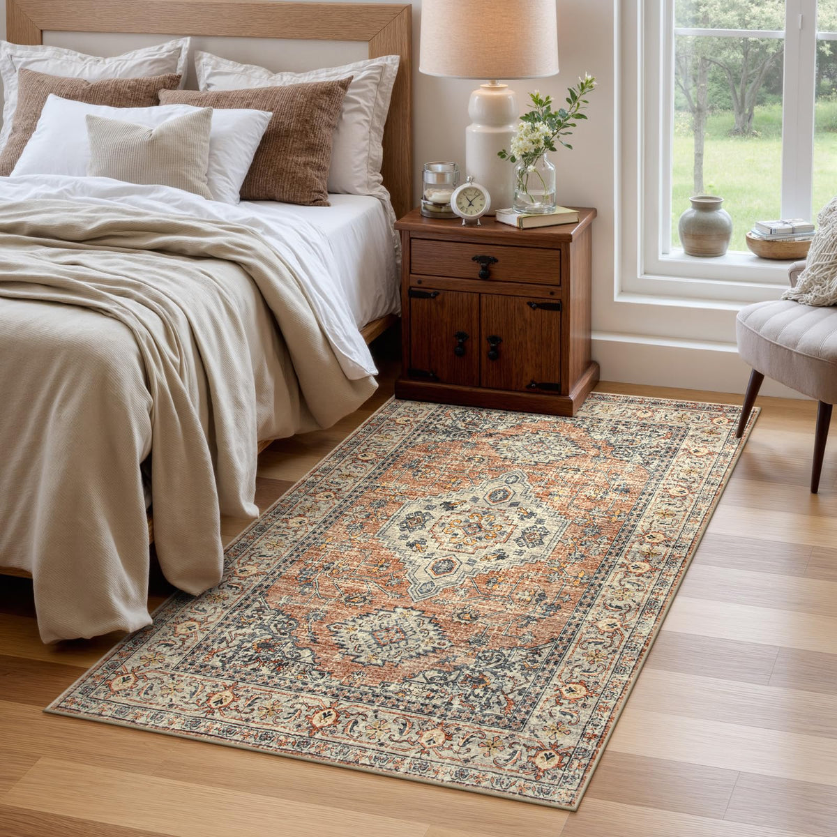 Lahome Oriental Washable Rug 3x5 entryway in warm peach-orange welcoming tone.