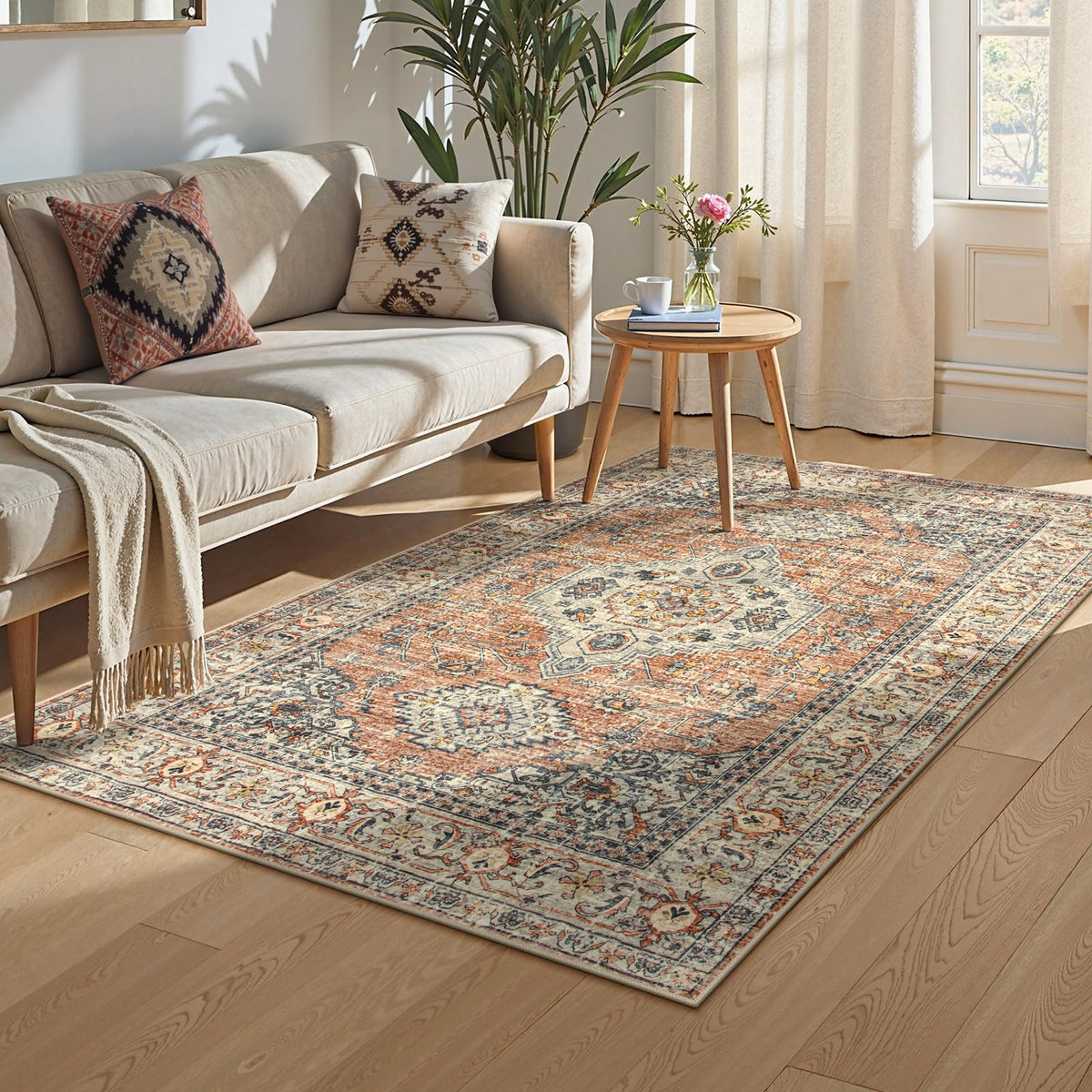 Lahome Oriental Washable Rug 3x5 living room scene under coffee table for cozy ambience.