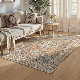Lahome Oriental Washable Rug 3x5 living room scene under coffee table for cozy ambience.