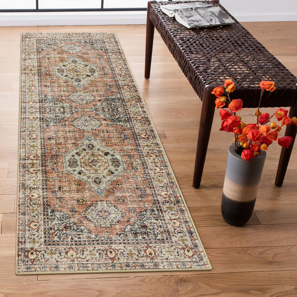 Lahome Oriental washable runner rug in peach-orange on hallway floor, cozy and durable.