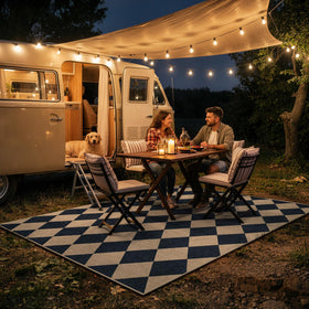 Lahome outdoor patio rug with diamond pattern offers weather-ready durability.