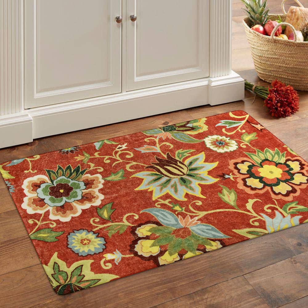 Lahome red kitchen rug closeup shows velvety texture for soft underfoot comfort.