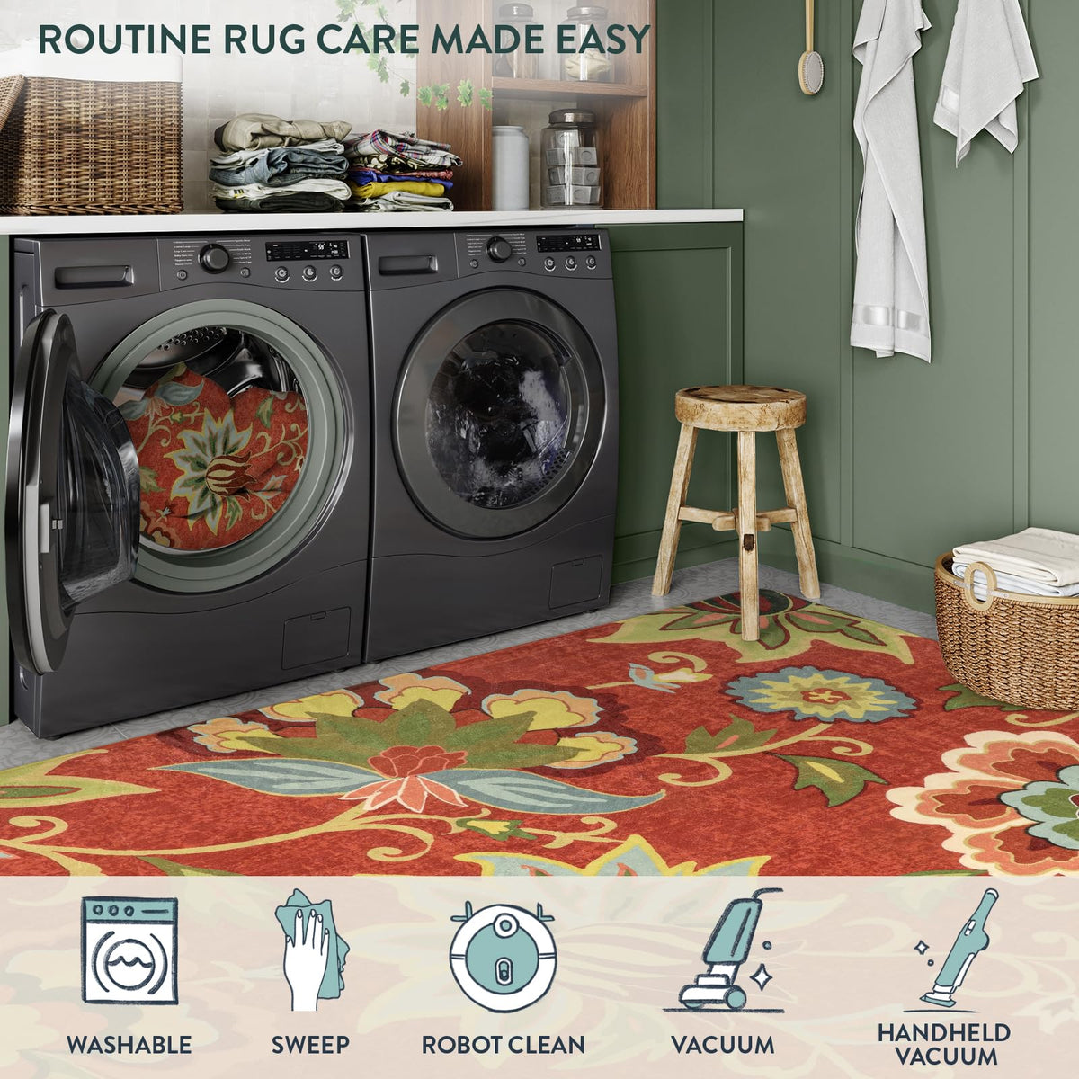 Lahome red kitchen rug floral pattern enhances decor.