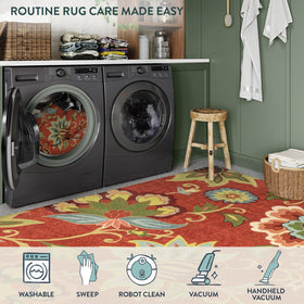 Lahome red kitchen rug floral pattern enhances decor.