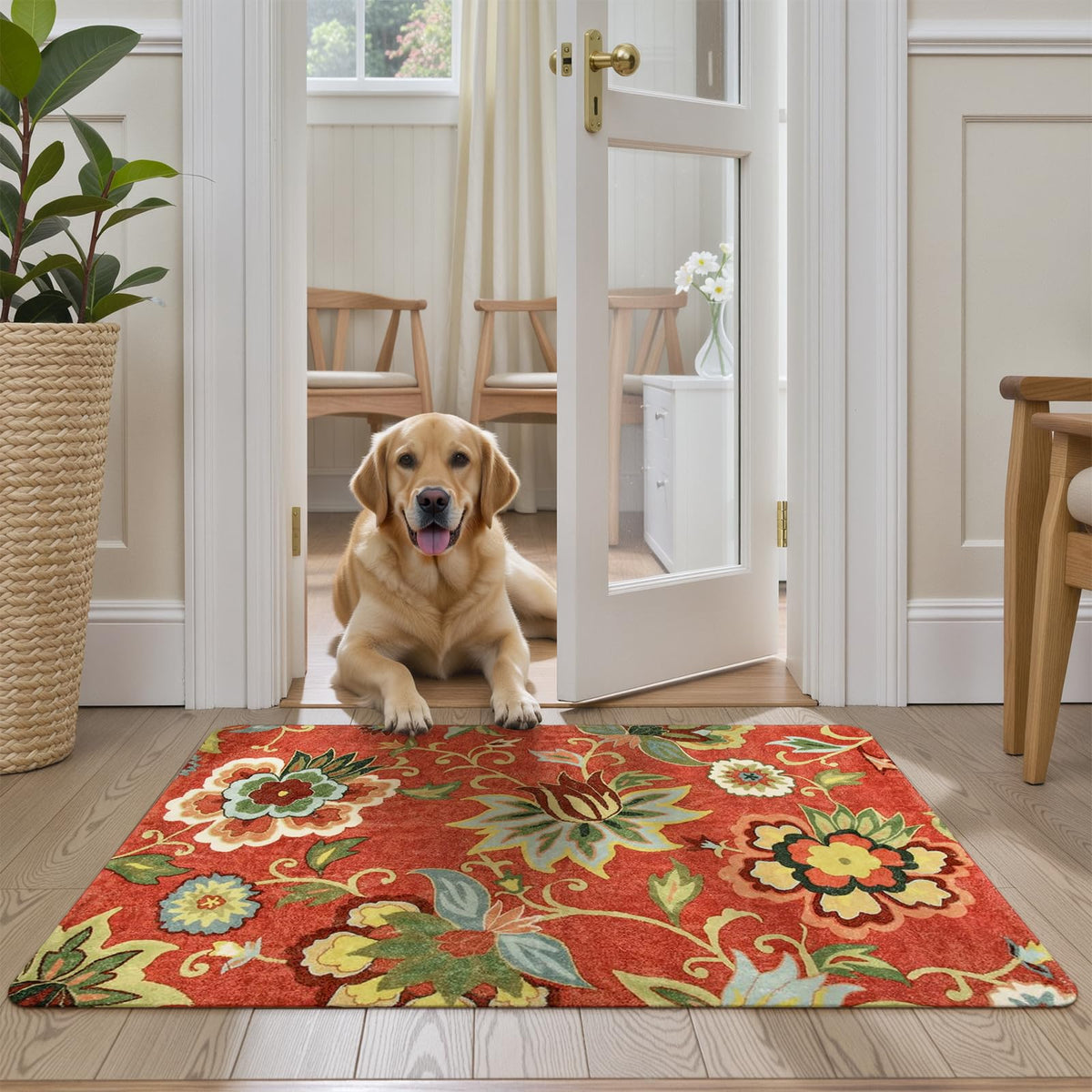 Lahome red kitchen rug surface ready for machine washing and quick cleaning.