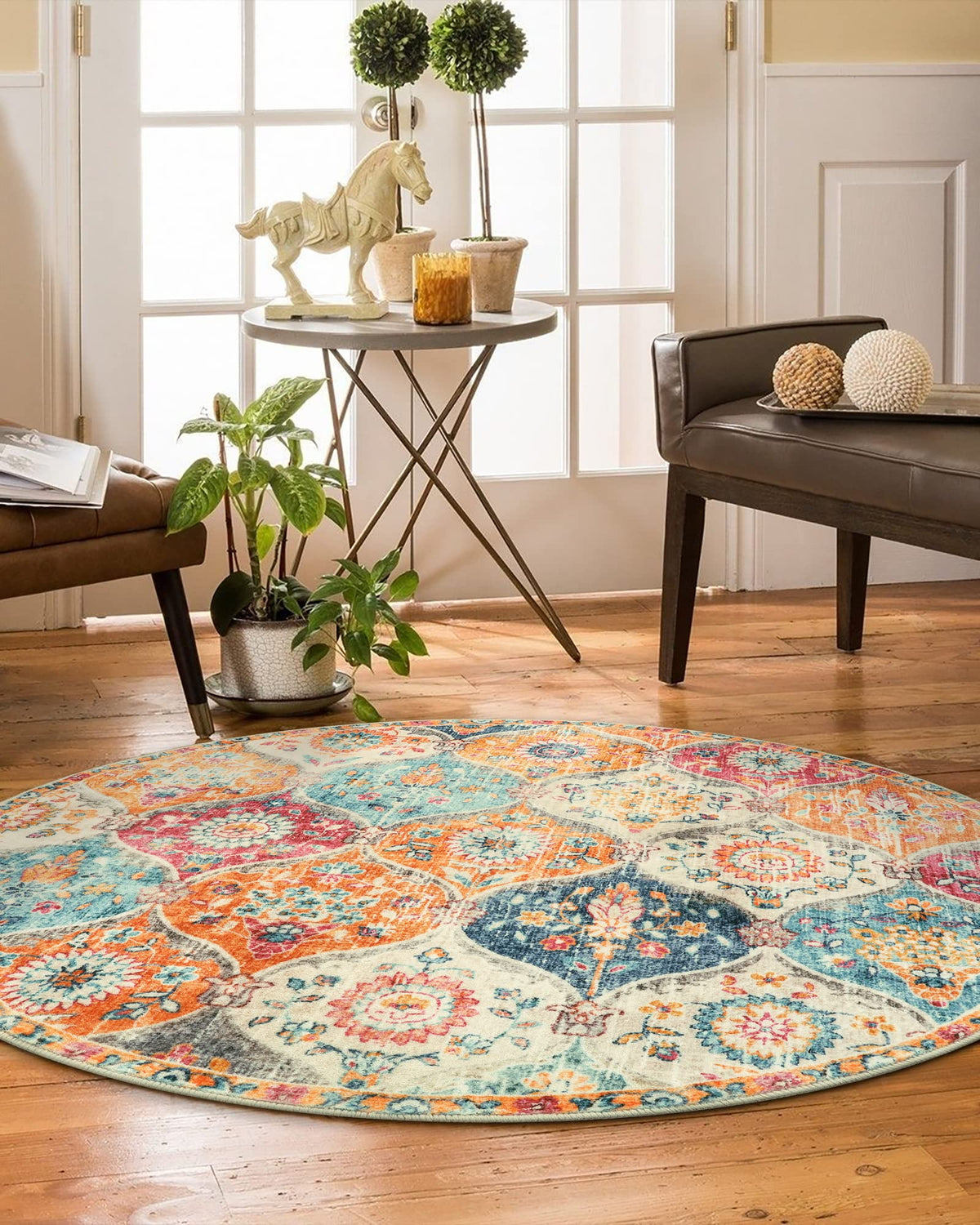 Lahome circle rug machine washable for quick cleanup after spills.