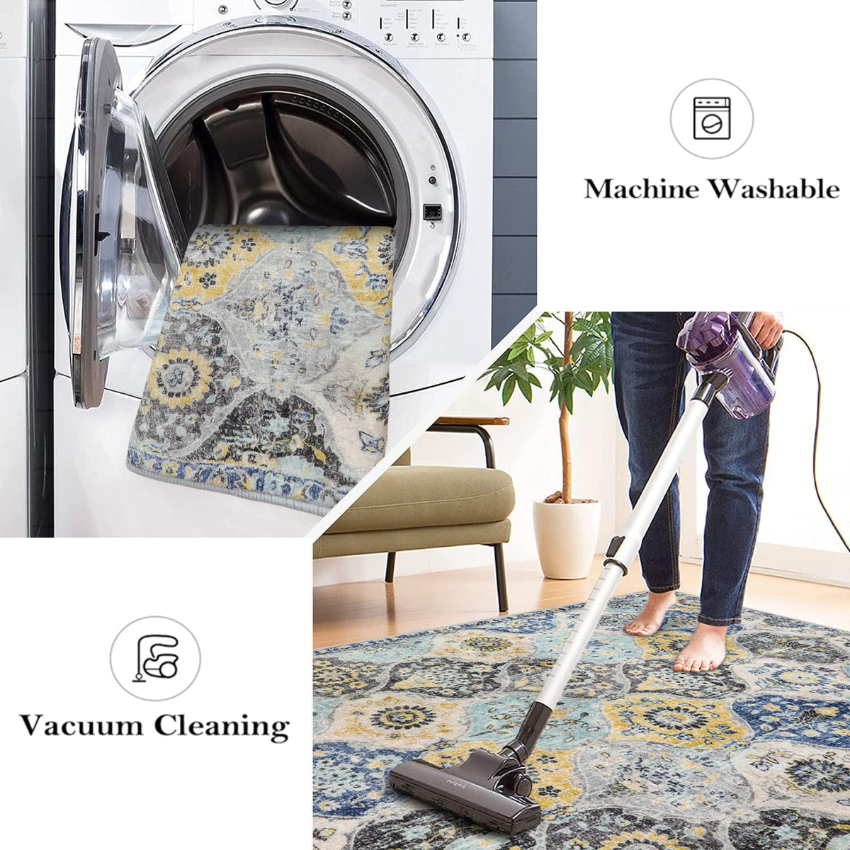 Lahome Elise low-pile rug fits under doors and around furniture for easy movement.