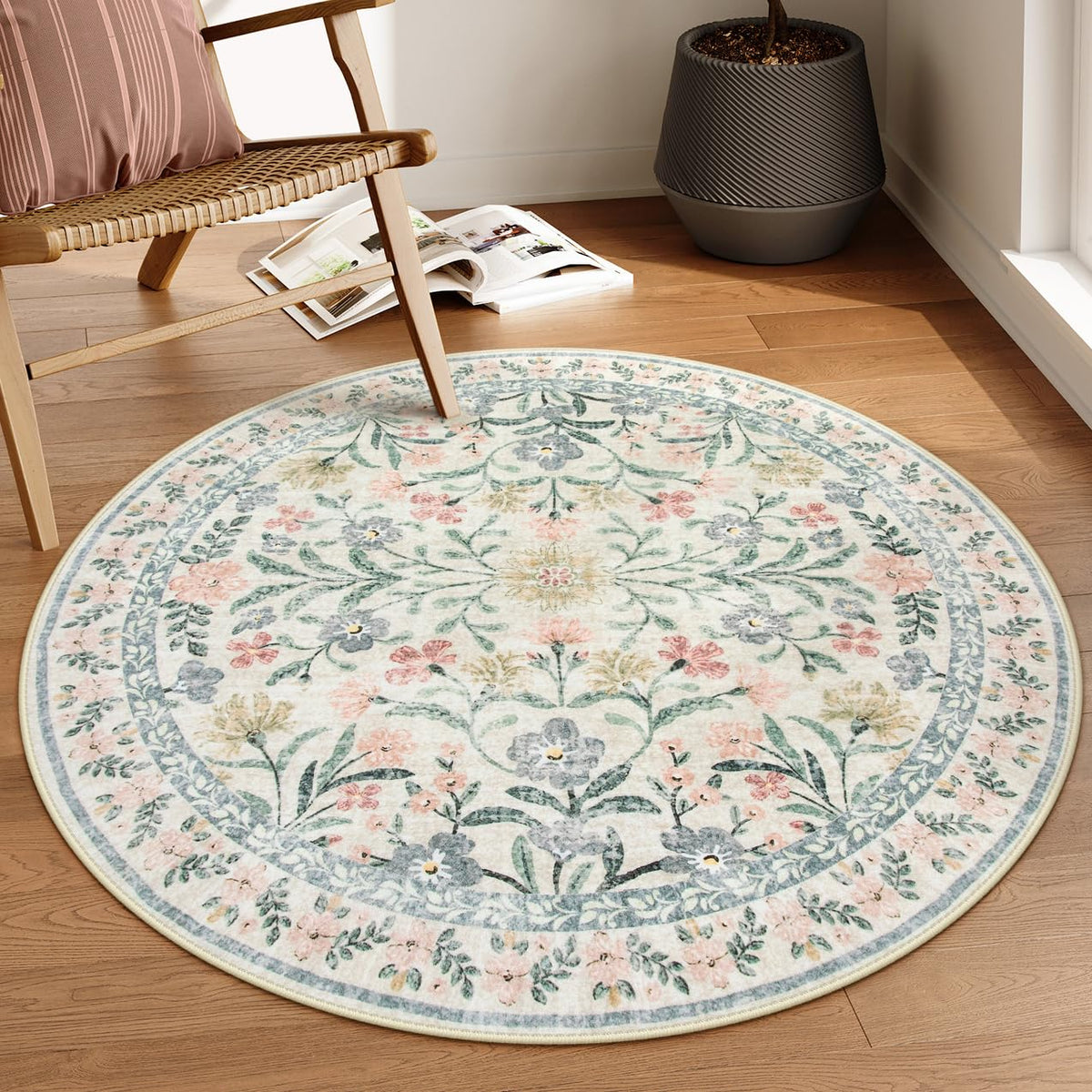 Lahome Sylvie round rug front view adds cozy warmth to a bedroom floor