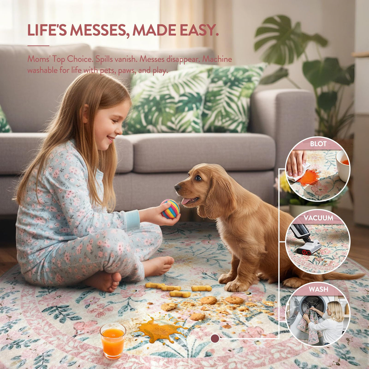 Lahome Sylvie washable round rug, easy cold machine wash for quick refresh.