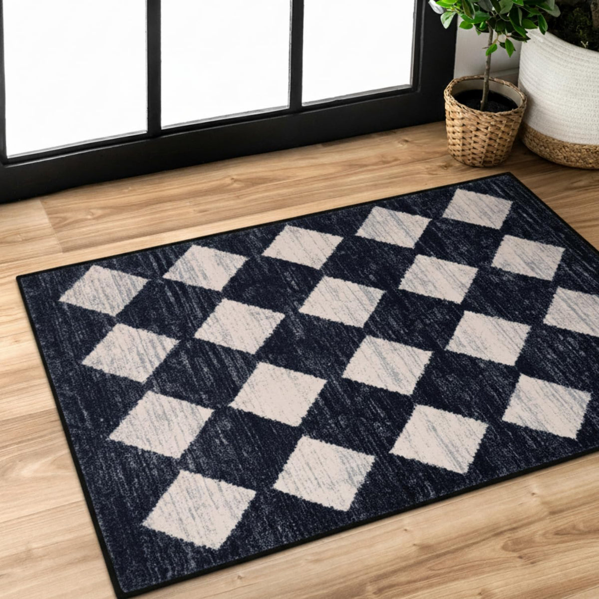 Lahome Zelie Moroccan Trellis Rug 2x3 in black checks, ideal for busy entryways.