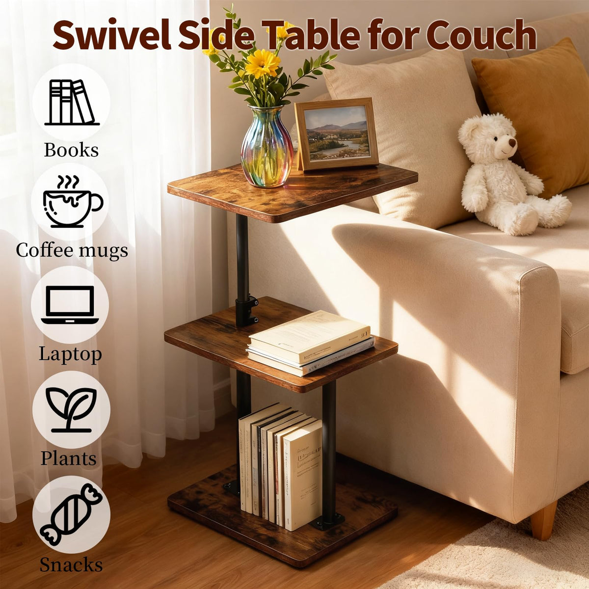 LAIDUOLEOE three-tier end table open shelf keeps remotes and books accessible.