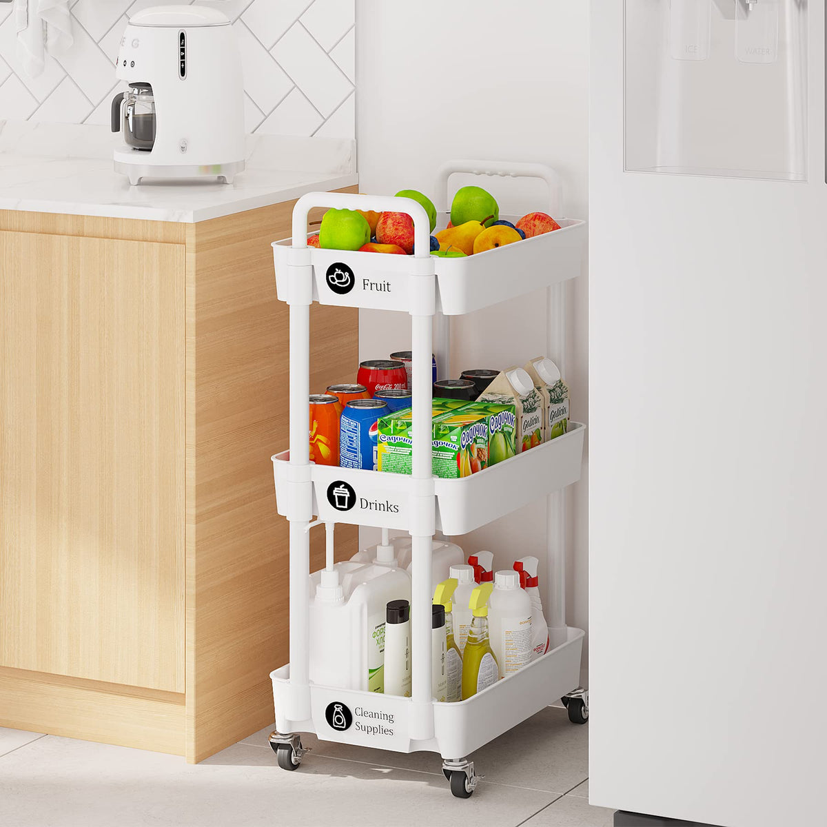 Laiensia 3-Tier Cart classification labels highlight organized baskets.