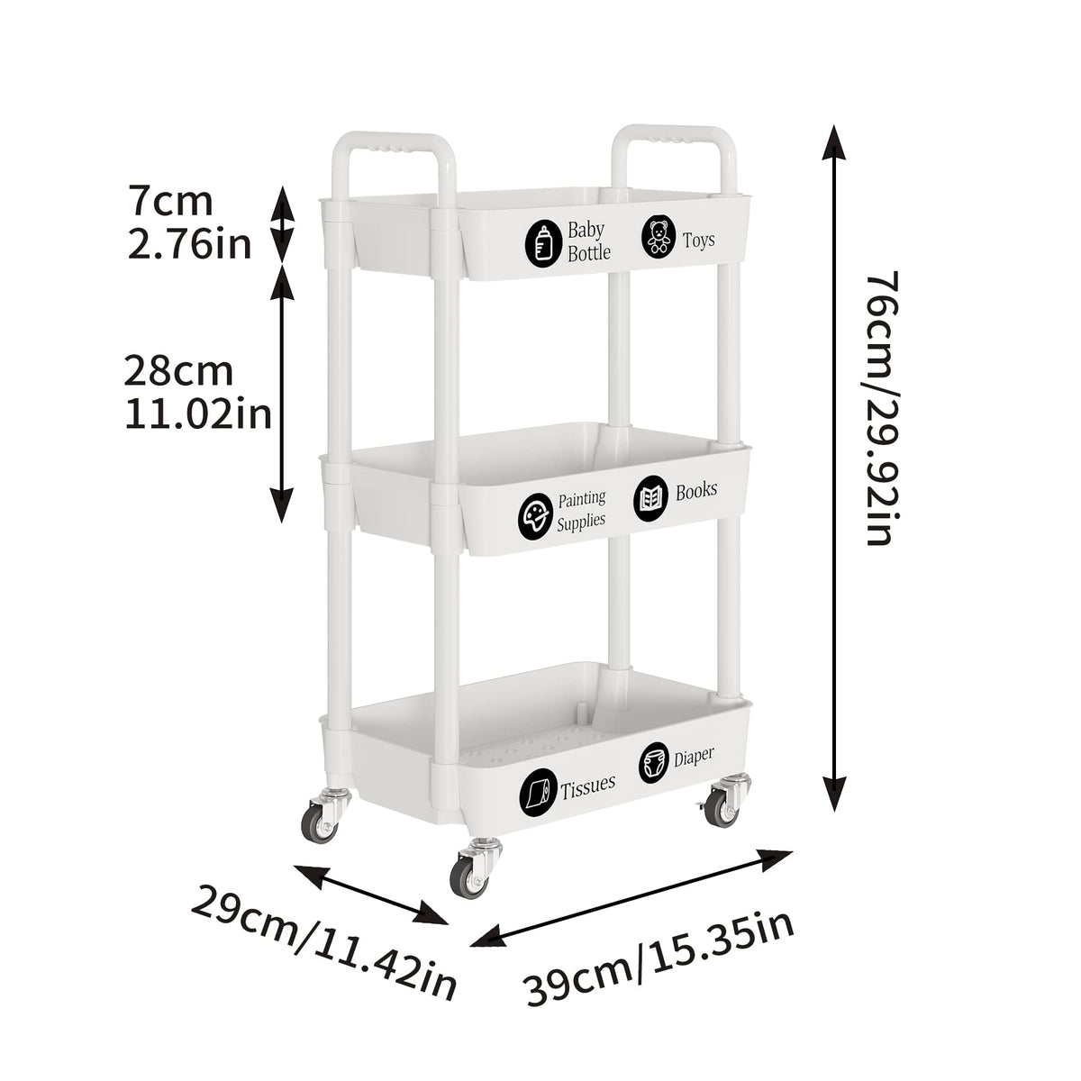 Laiensia 3-Tier Cart storage capacity shown with fruits and bottles.