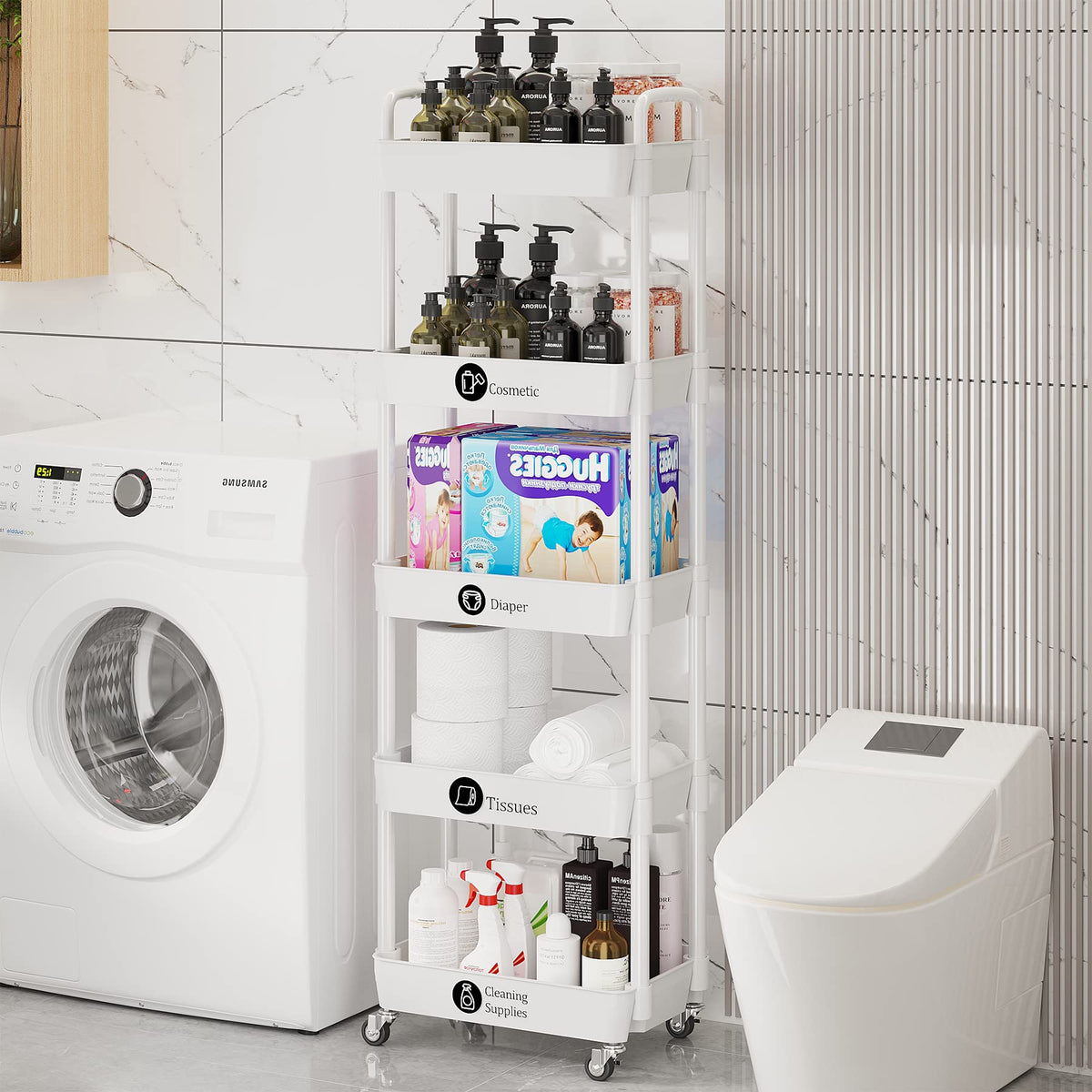 Laiensia cart features classification labels to organize shelves efficiently.