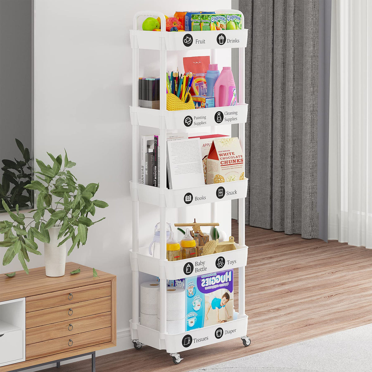 Laiensia kitchen storage cart displaying spacious shelves for produce and spices.