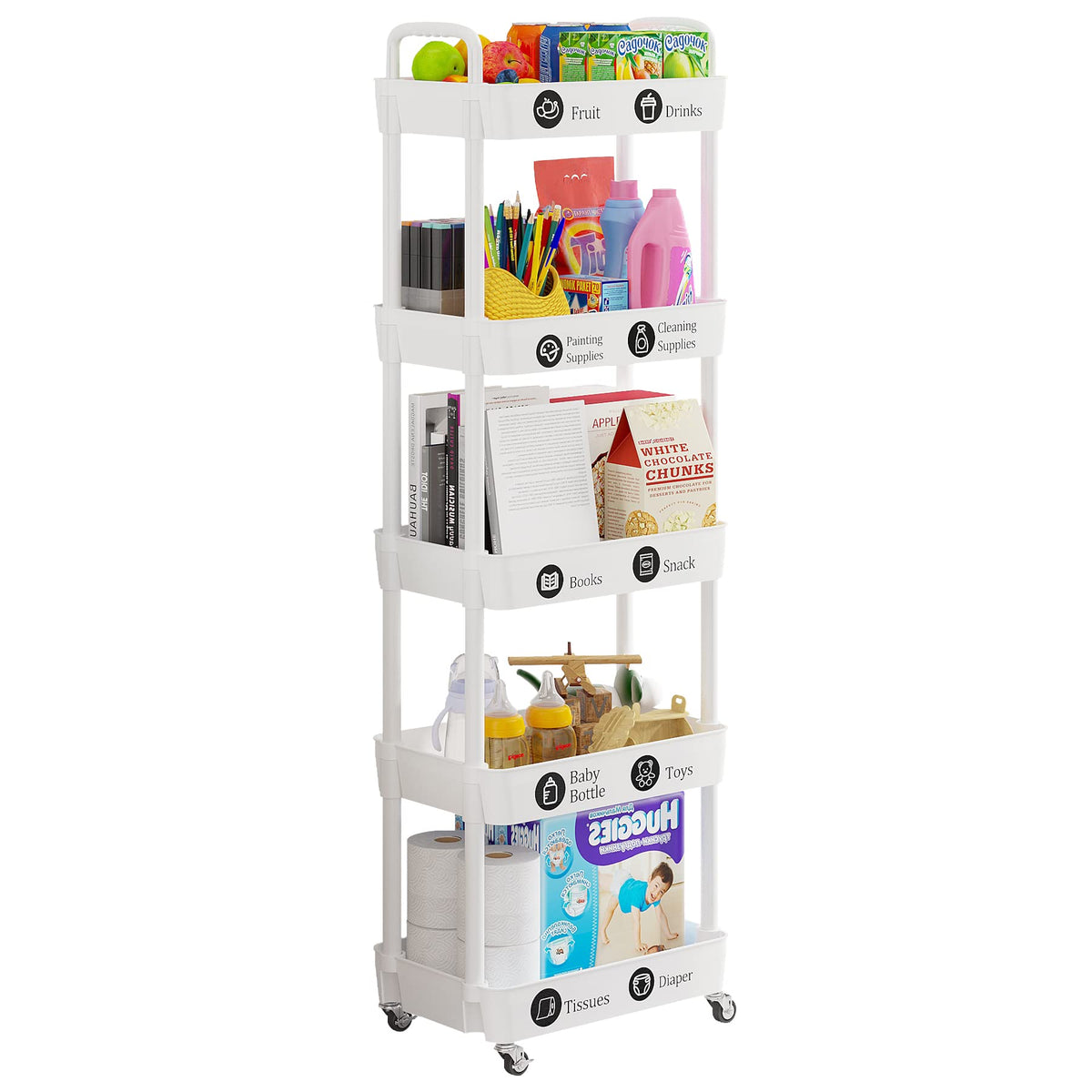 Laiensia cart on wheels organized for office or craft supplies.