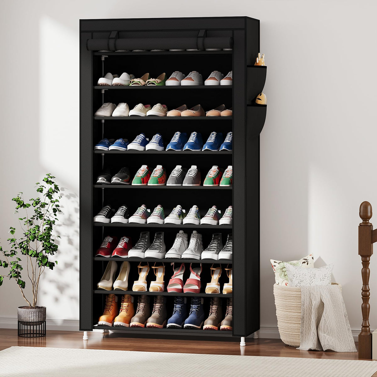 Laiensia 9-tier vertical shoe rack, dust-cover closed protects shoes from dust.