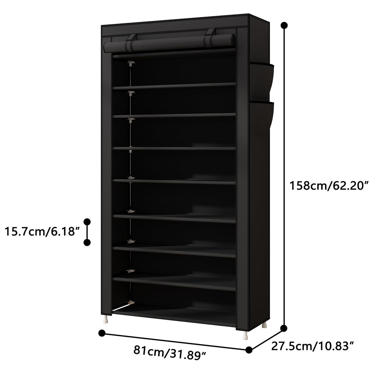 Laiensia 9-tier vertical shoe rack, front view, enhances closet organization.