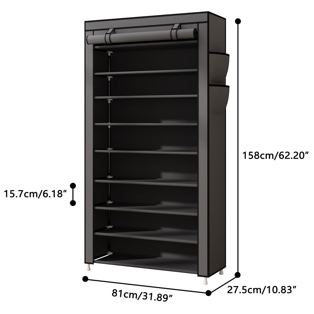Laiensia 9-tier vertical rack side-pocket highlights extra storage for small items