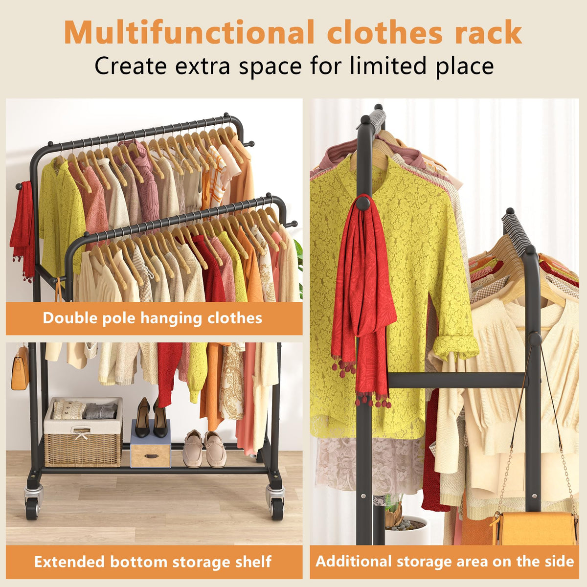 Laiensia double rods rack – hanging area full-length view for long garments.