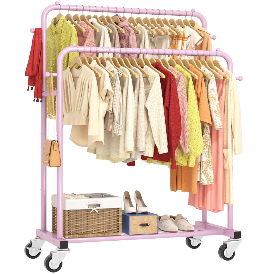 Laiensia double rods garment rack with wheels front view showing spacious hanging area and pink frame.
