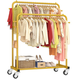 Laiensia Double Rods Garment Rack with Wheels, side view, ideal for expanded hanging space.