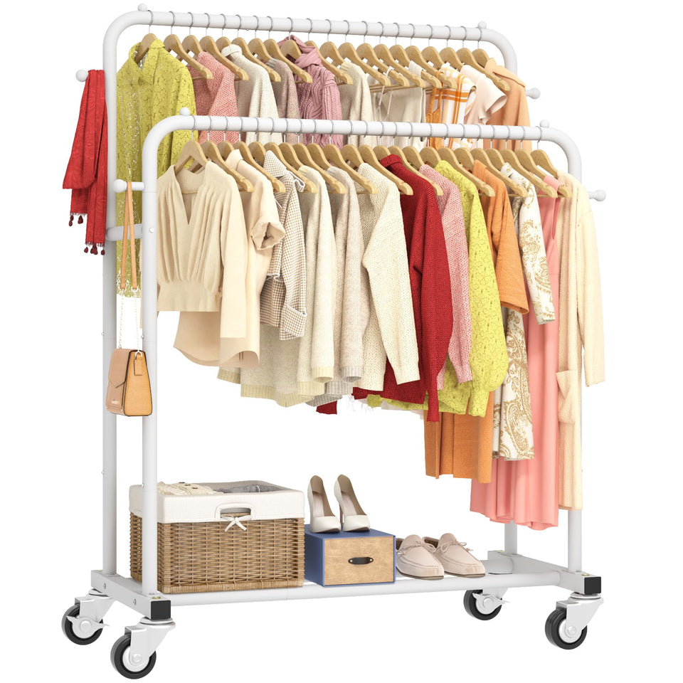 Laiensia double rods garment rack front view highlights portable, space-saving design.