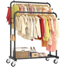Laiensia double-rods garment rack with wheels – front view shows spacious hanging area.
