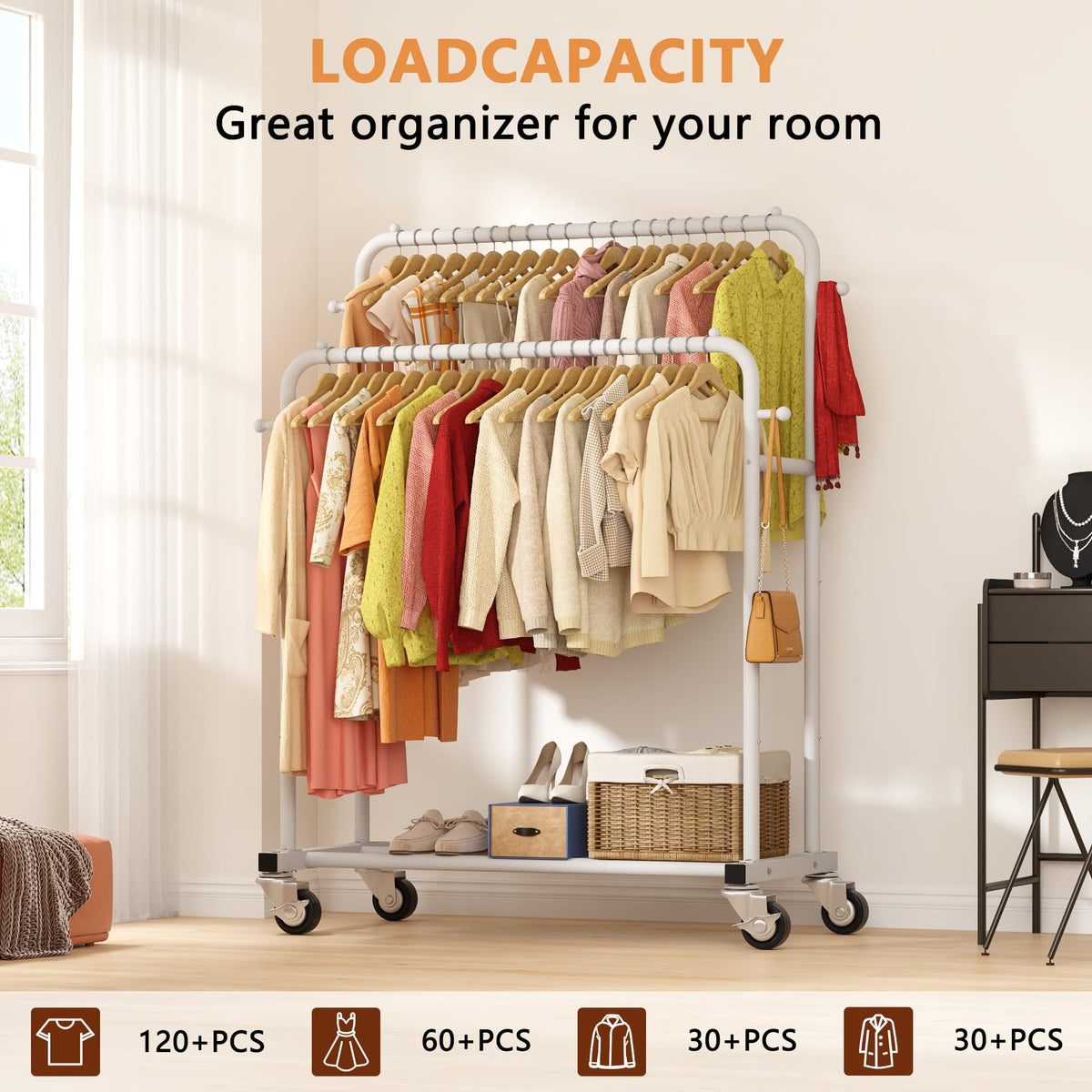 Laiensia double rods rack side view shows versatile hanging space for outfits.