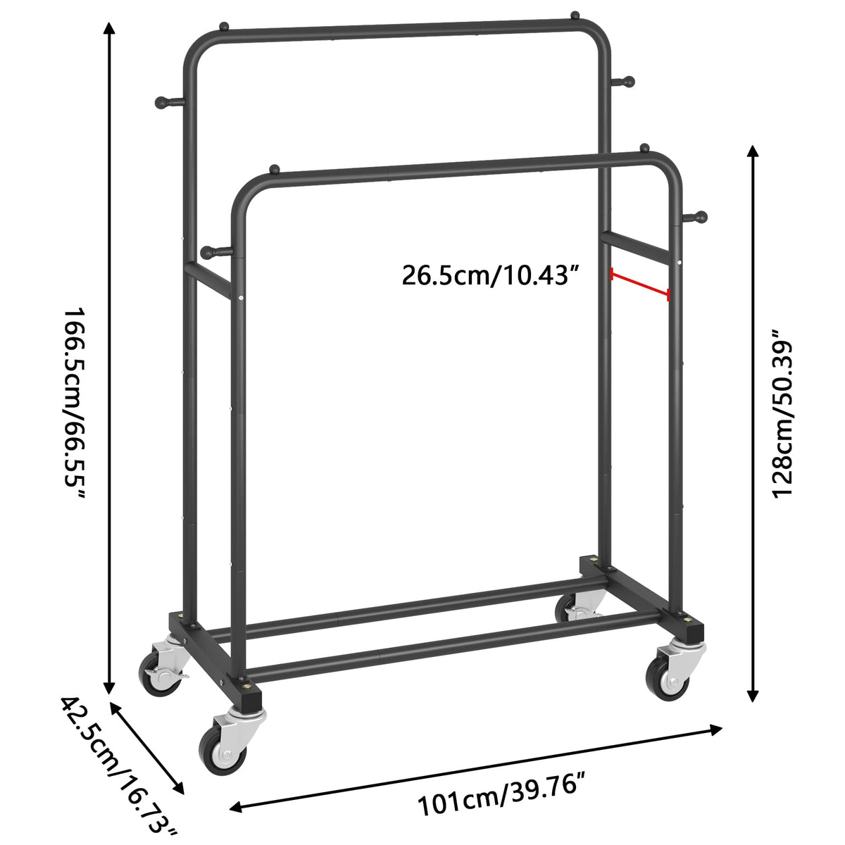 Laiensia double-rods garment rack with wheels – side view highlights sturdy frame and mobility.