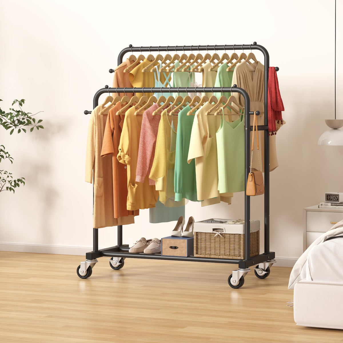 Laiensia garment rack bottom shelf – close-up reveals room for shoes or boxes.