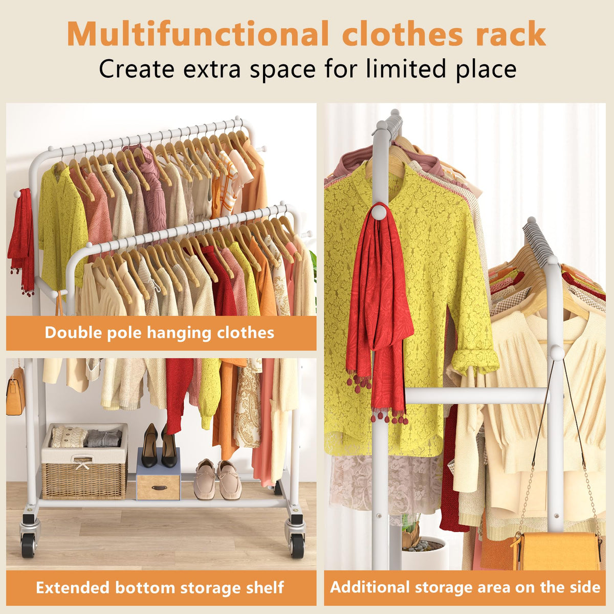 Laiensia rack with four side hooks keeps hats and bags organized.