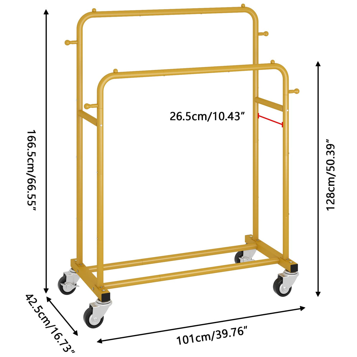 Laiensia Gold-Finish Garment Rack with two-height rods for versatile hanging and storage.