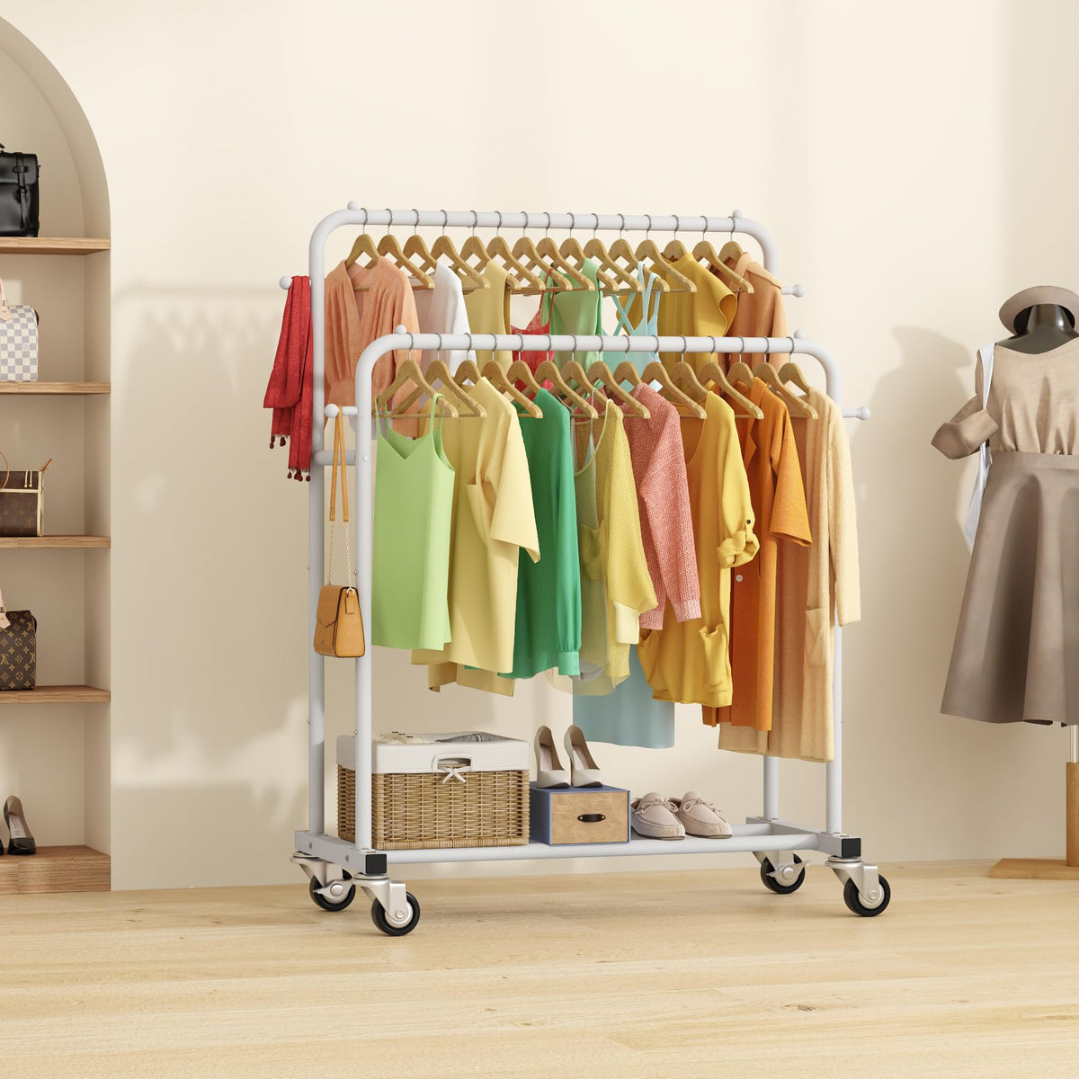 Laiensia white clothes rack fits closets and laundry areas.