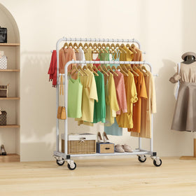 Laiensia white clothes rack fits closets and laundry areas.