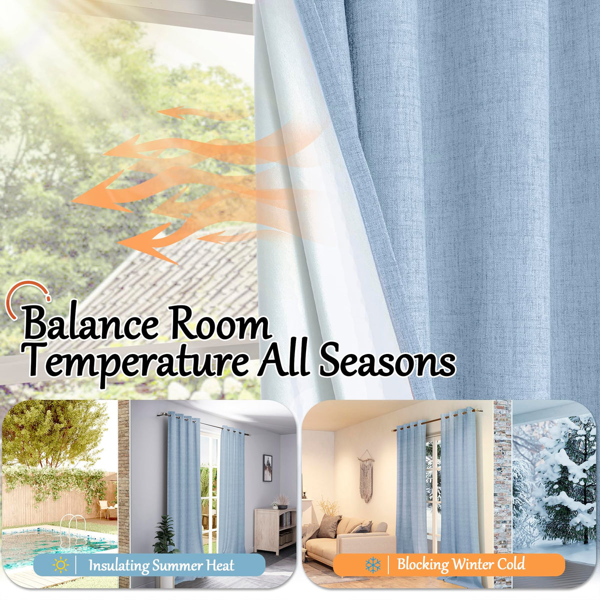 Lajode Blue Linen Blackout Curtains demonstrating noise reduction in a quiet room.