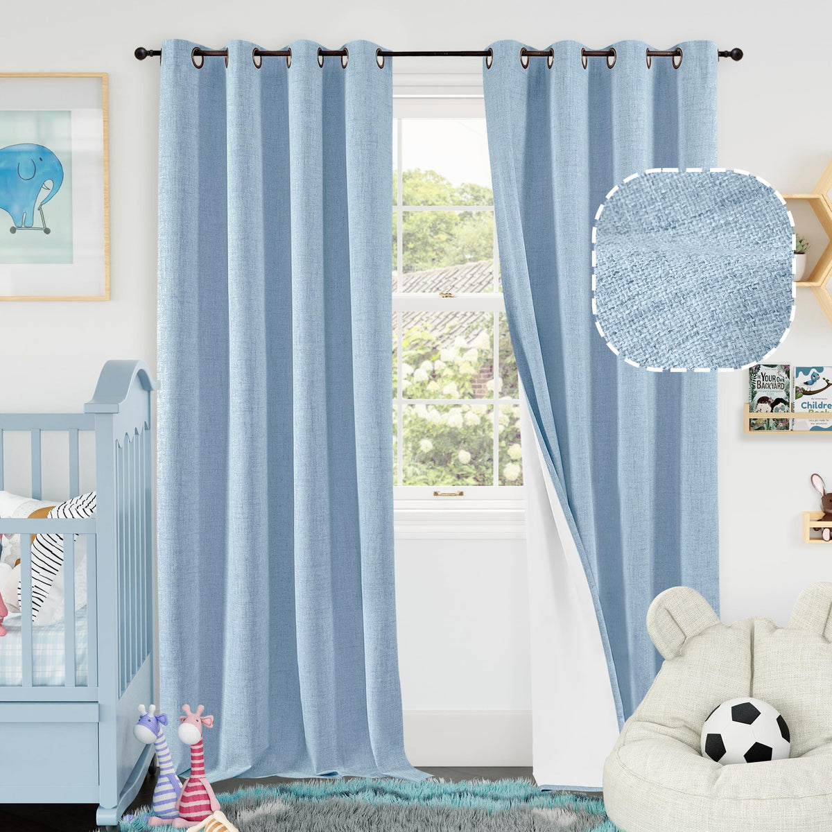 Lajode Blue Linen Blackout Curtains packaged set enhances room darkening and privacy.