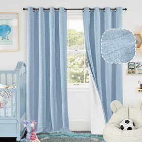 Lajode Blue Linen Blackout Curtains packaged set enhances room darkening and privacy.