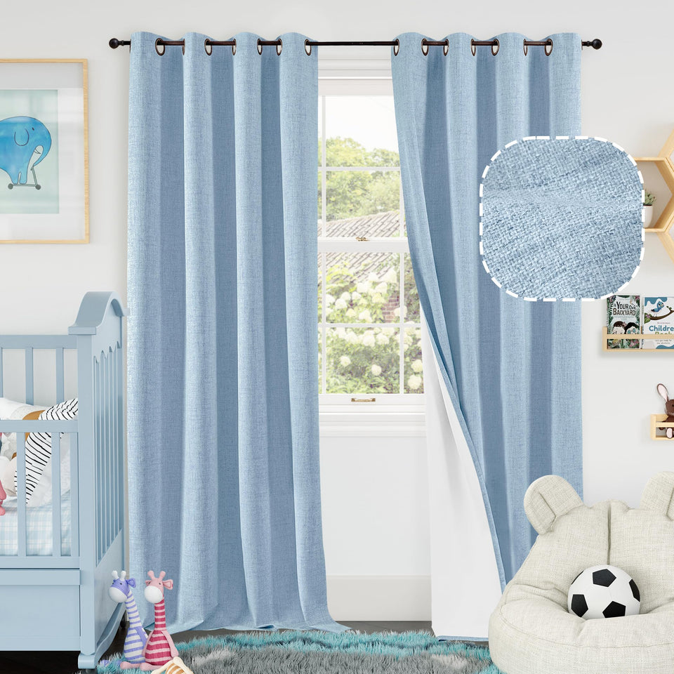 Lajode Blue Linen Blackout Curtains packaged set enhances room darkening and privacy.