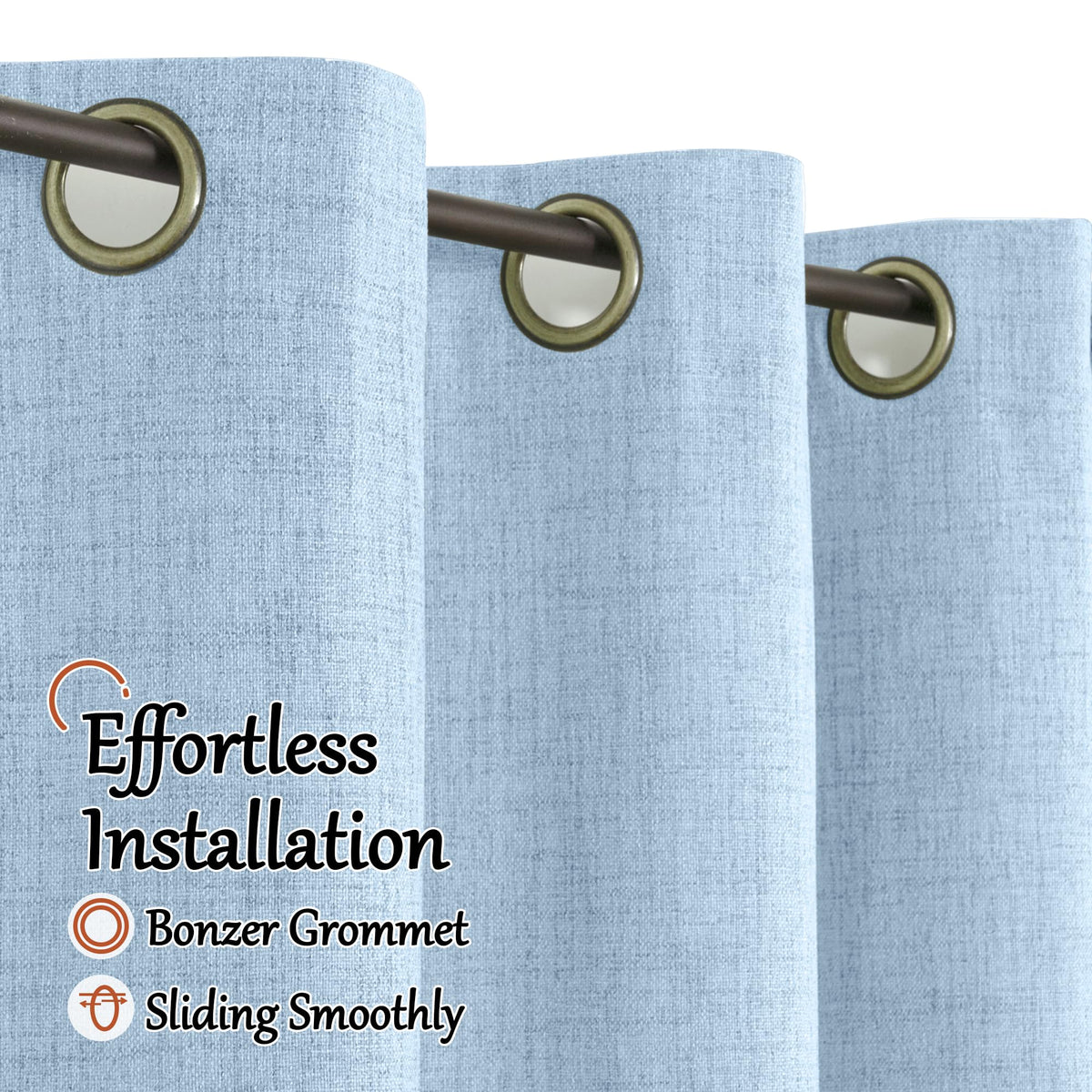 Lajode Blue Linen Blackout Curtains with thermal backing for energy efficiency.
