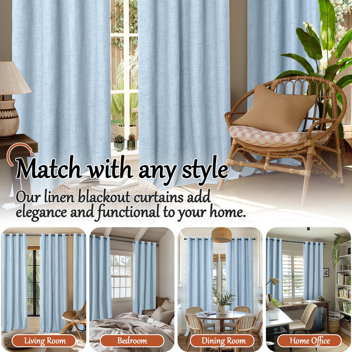 Lajode Blue Linen Blackout Curtains with top bronze grommets for smooth operation.