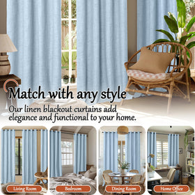 Lajode Blue Linen Blackout Curtains with top bronze grommets for smooth operation.