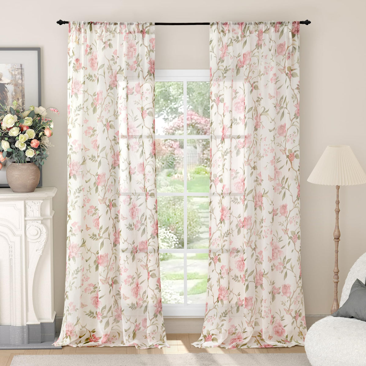 Lajode floral sheer curtains with rose vine pattern for girls room, provides gentle privacy