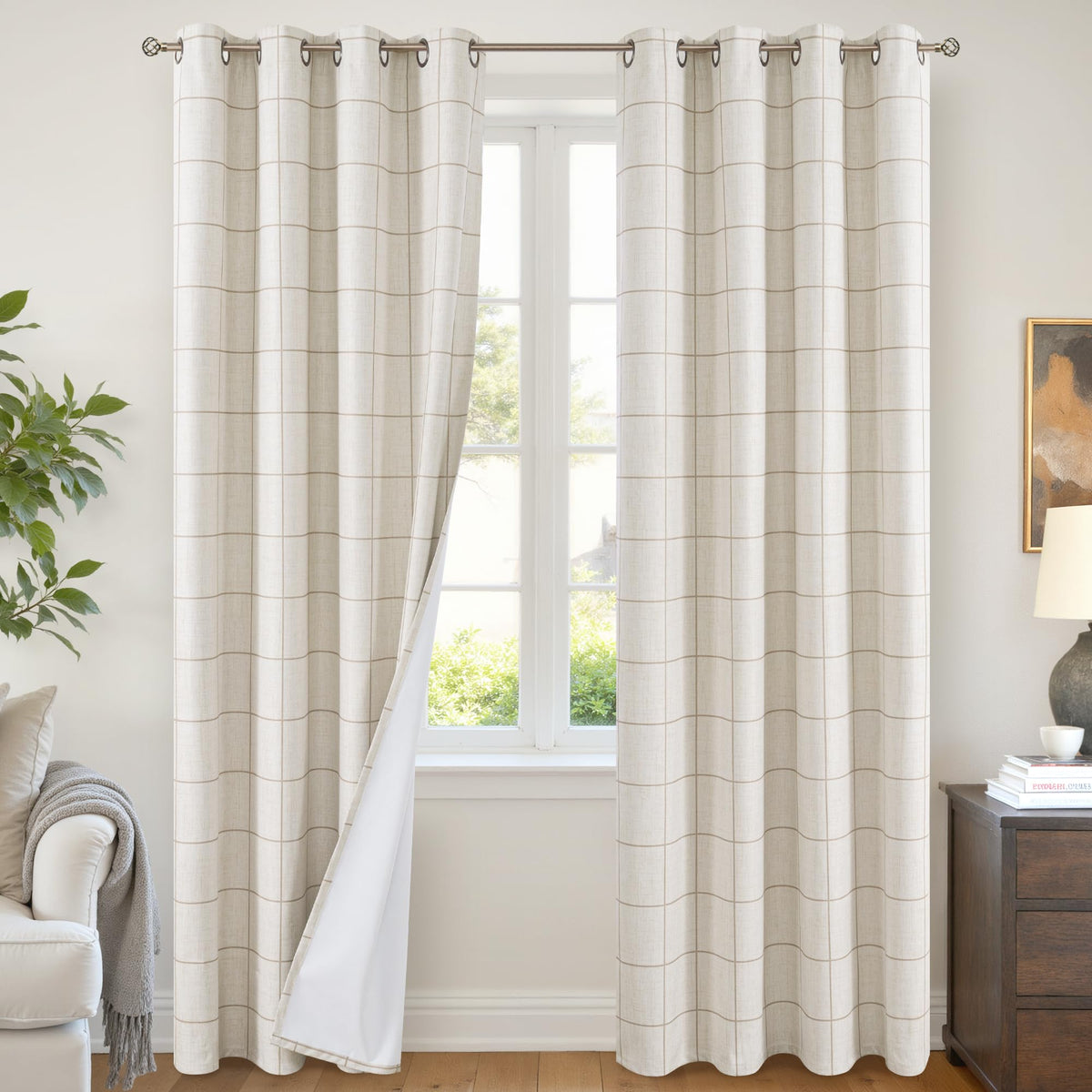 Lajode linen blackout curtains in living room plaid provide light control and privacy.