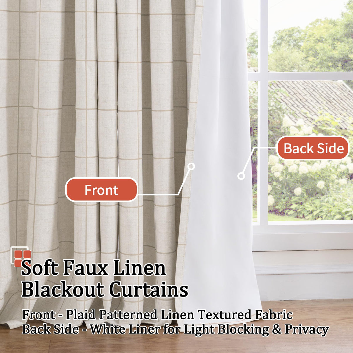 Lajode curtains with white thermal backing help moderate indoor temperatures.