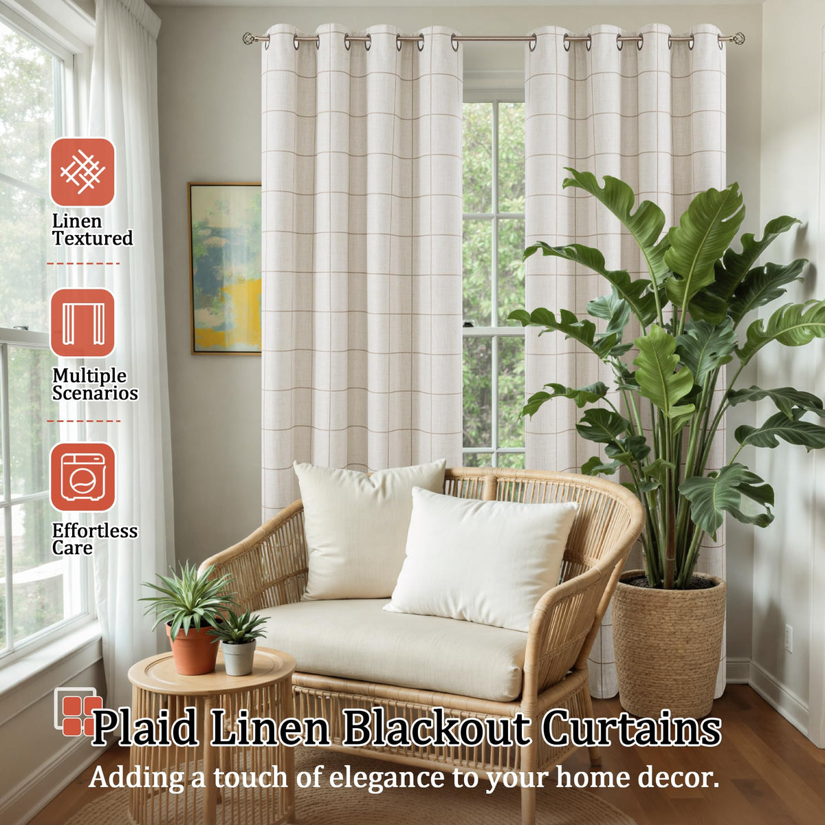 Lajode curtains close-up shows faux linen texture for a cozy ambiance.