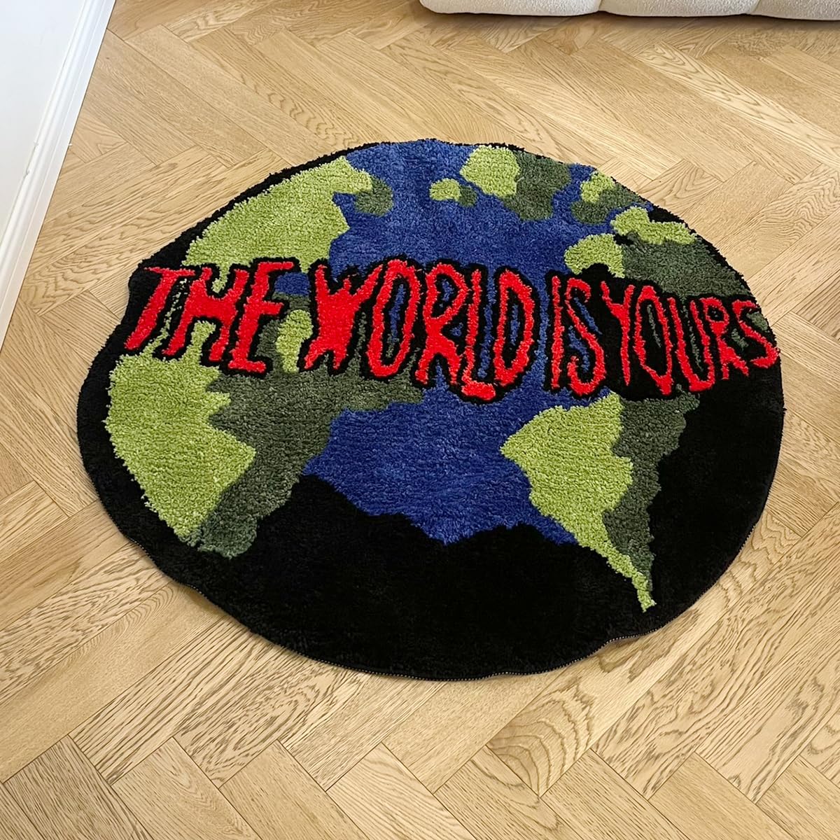 LAKEA Earth Round Mat measures 35.4 inches for versatile placement.