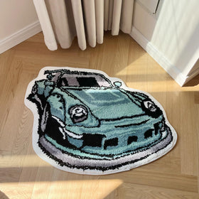 LAKEA Enthusiast Green sports car shaped rug offers playful style and cozy comfort.
