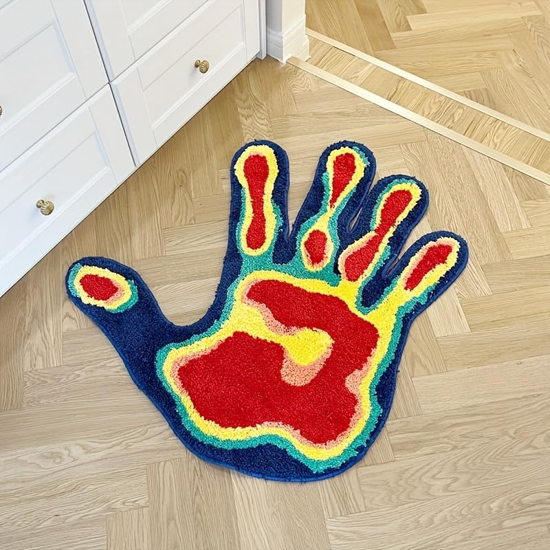 LAKEA palm rug with heat-map handprint design adds bold style to modern spaces.