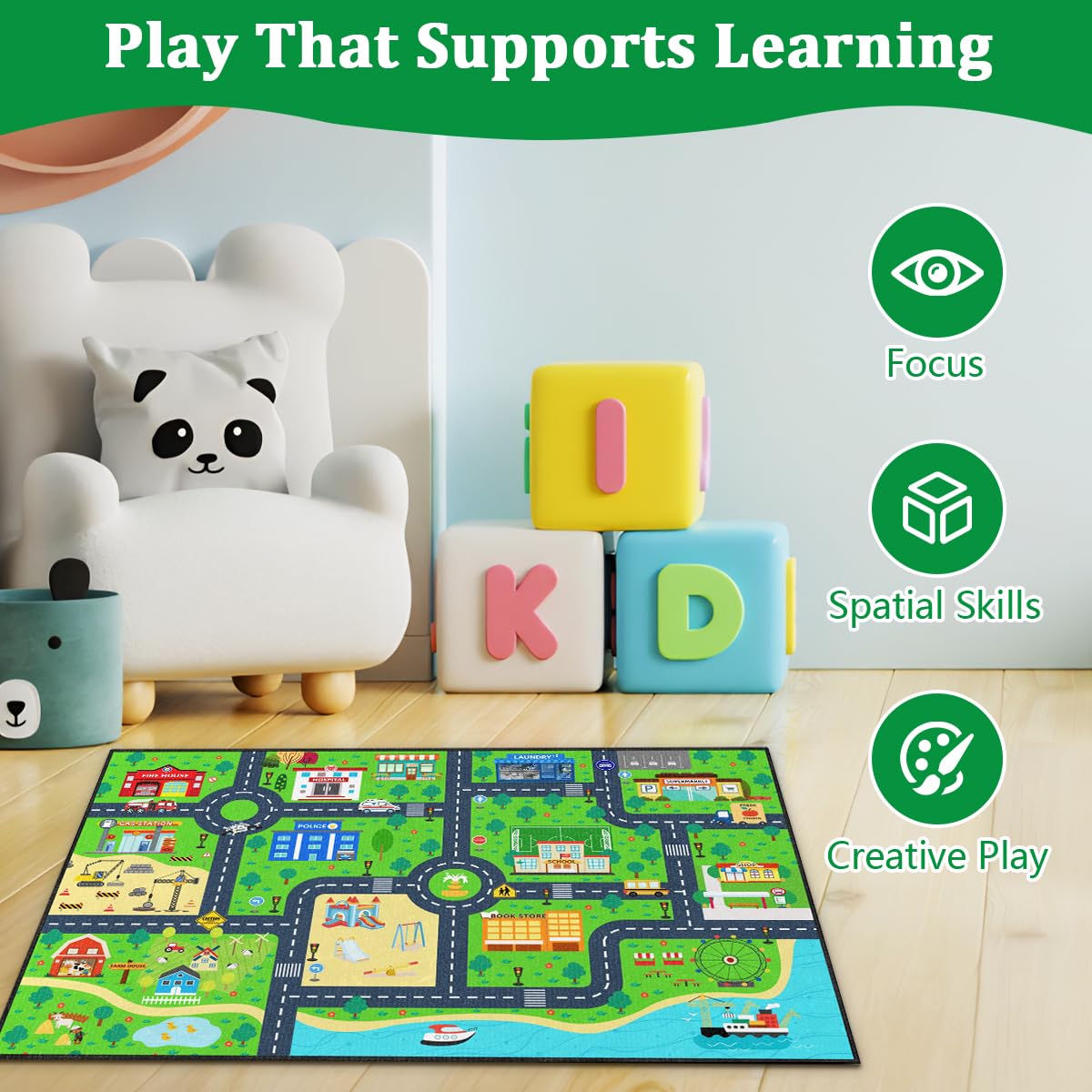 LakeFVGK machine washable car rug simplifies cleanup after toy play.